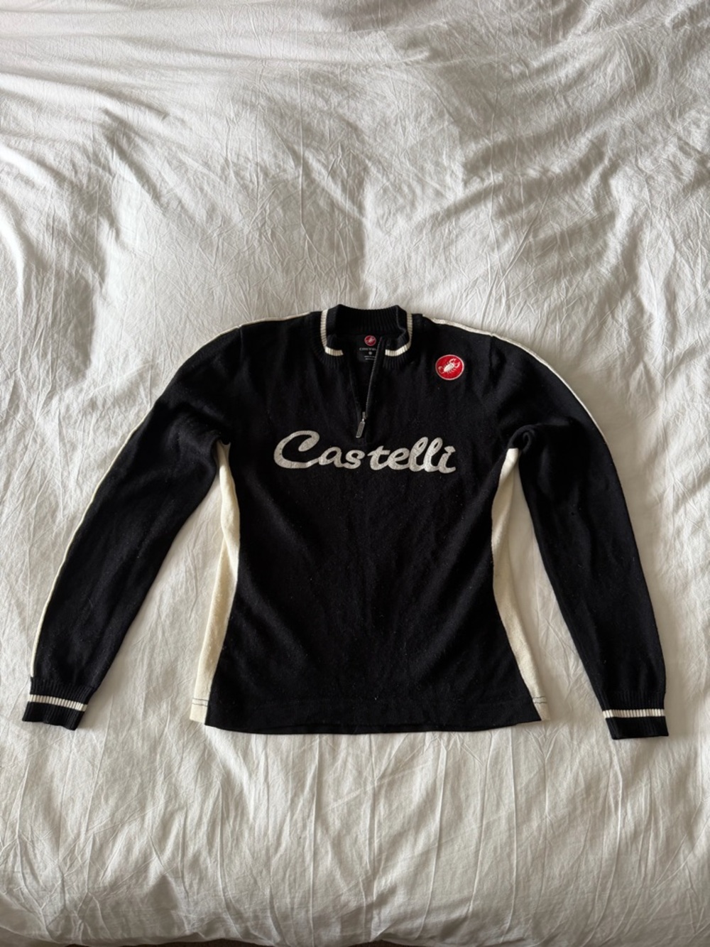 Castelli Black and Cream Long Sleeve Cycling Jersey Half Zip Wool Blend S
